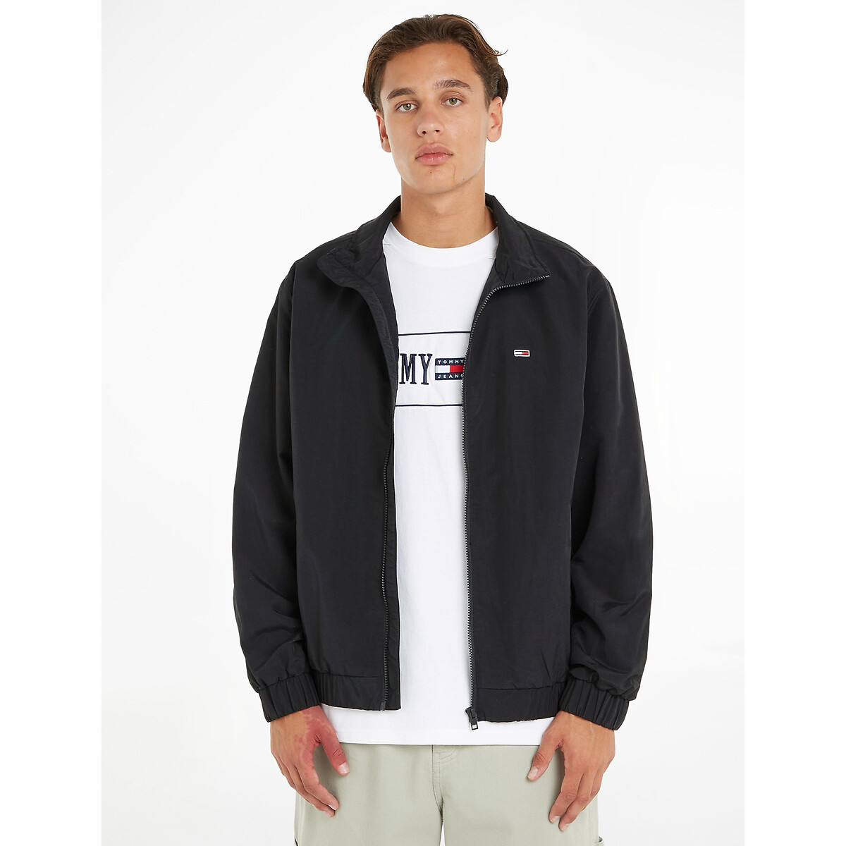 Mid-Season Short Jacket with Embroidered Logo and High Neck