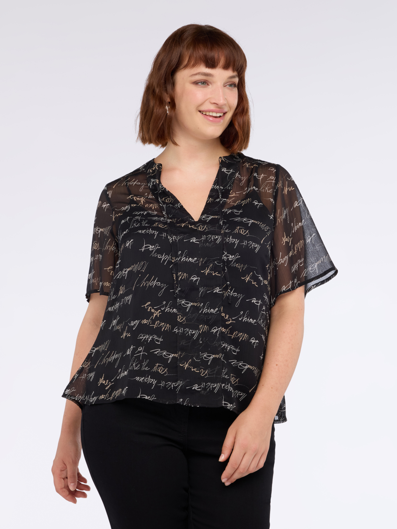 Blouse imprimée lettrage en crêpon, FIORELLA RUBINO
