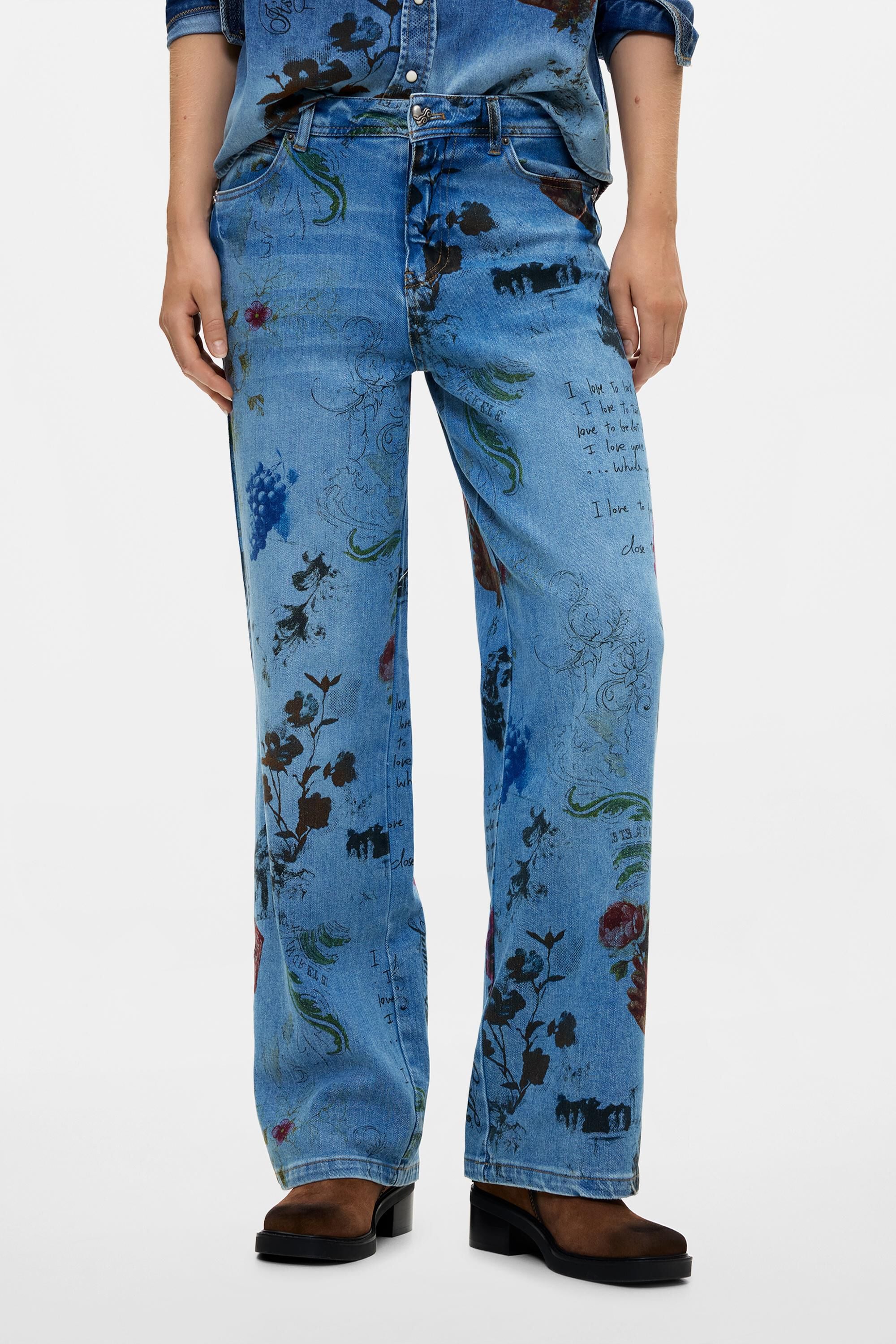 Pantalon jean droit imprimé, DESIGUAL