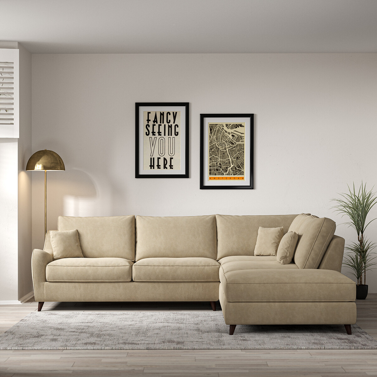 Amelia Soft Brushed Corner Sofa & Modular Footstool Set with Dark Wood Legs (Right Facing), ÉDITÉ