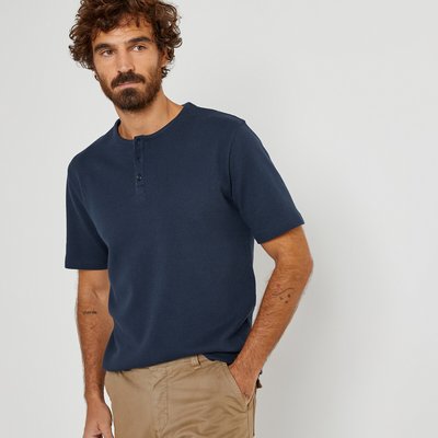 Cotton Grandad Collar T-Shirt with Short Sleeves 