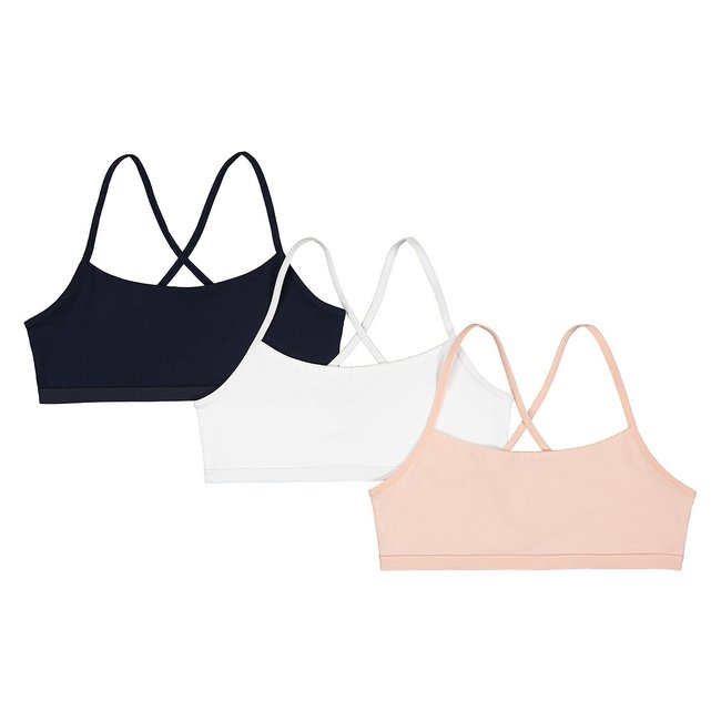 Pack of 3 Bralettes in Cotton, white + navy + pink, LA REDOUTE COLLECTIONS