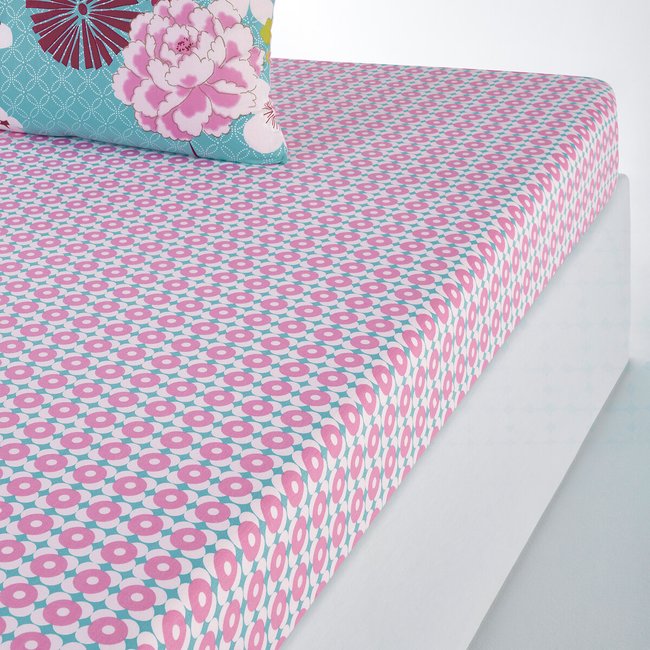 Floral 100% Cotton Fitted Sheet, blue + pink, LA REDOUTE INTERIEURS