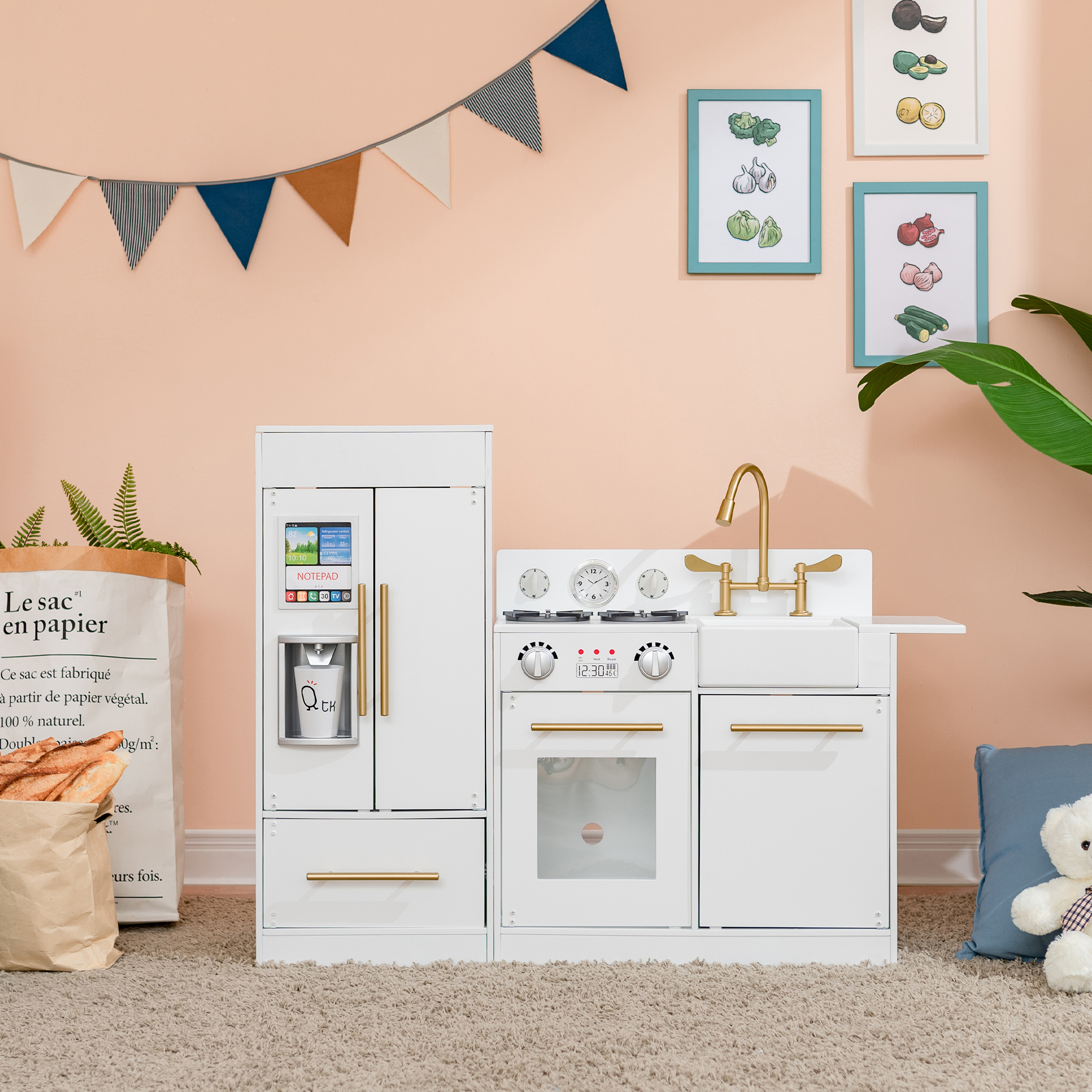 Teamson Kids Cuisine XL Deluxe En Bois – Ensemble Modulaire 3 Pièces Avec Réfrigérateur, Four, Évier, Lave-Linge Et 21 Accessoires – Dès 3 Ans