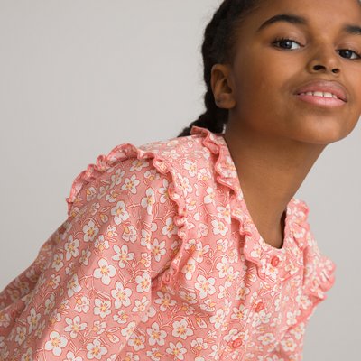 Floral Cotton Ruffled Blouse with Long Sleeves LA REDOUTE COLLECTIONS