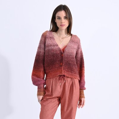 Cropped Marl Knit Cardigan with Puff Sleeves MOLLY BRACKEN