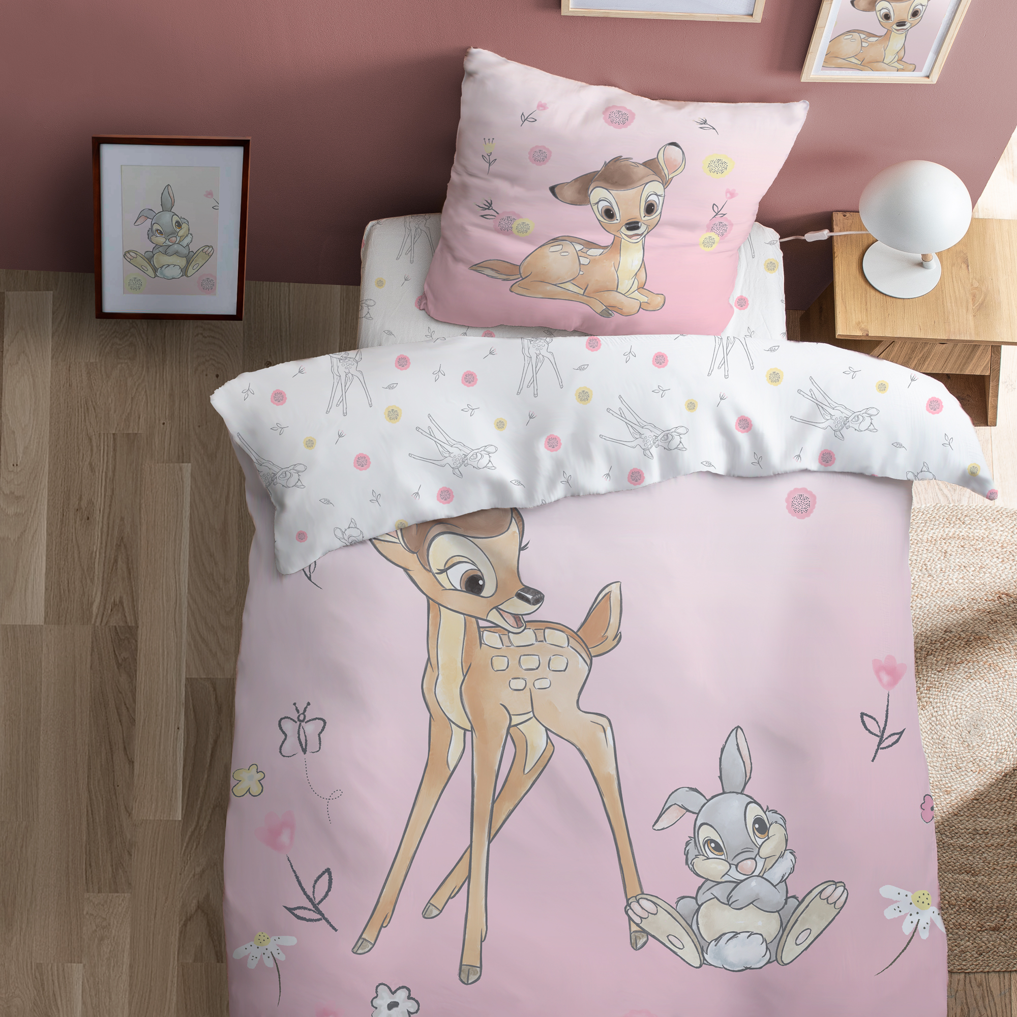 Parure de lit imprimée 100% coton, BAMBI FLOWERS, DISNEY ANIMAUX