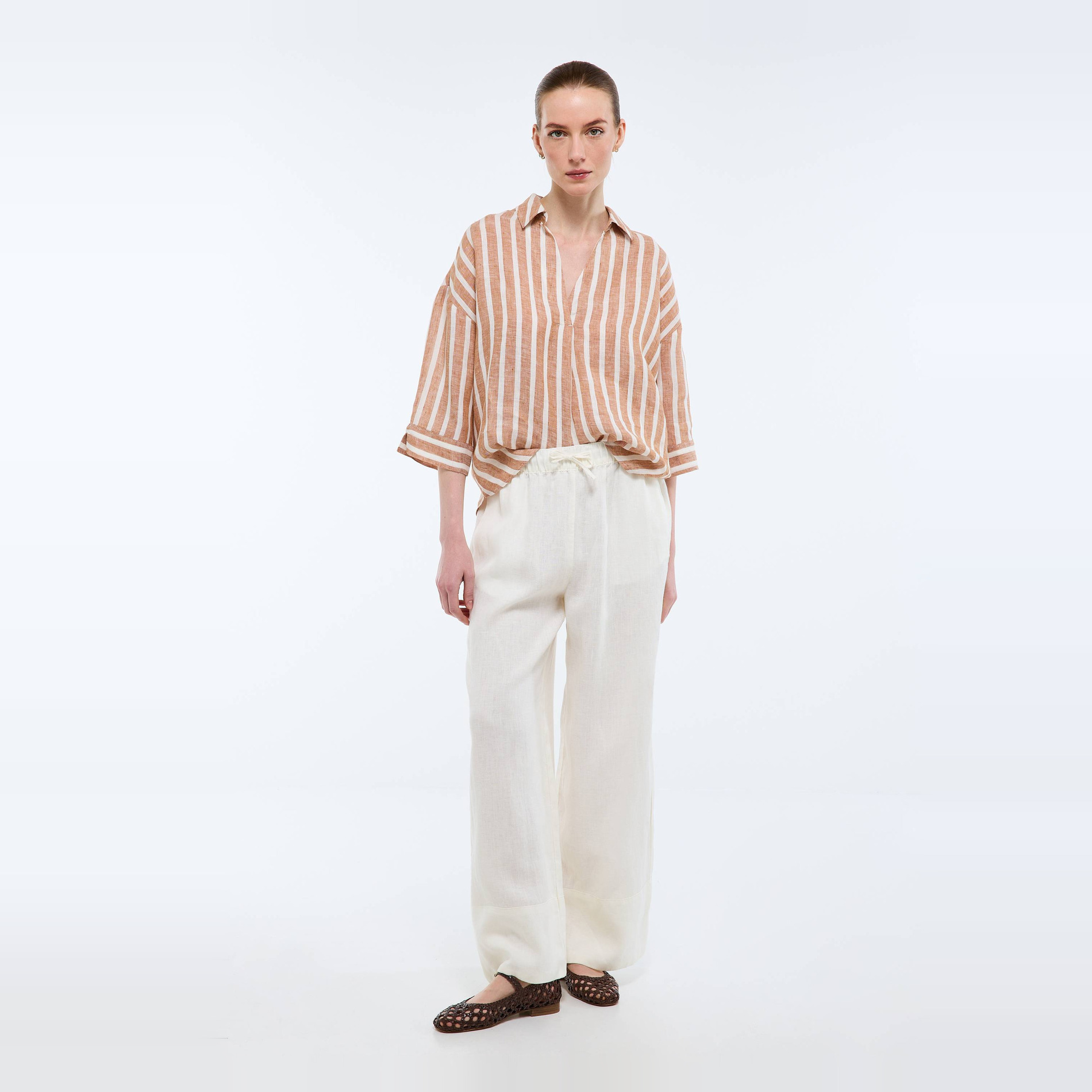 Pantalon large à taille élastiquée en lin, MONOPRIX