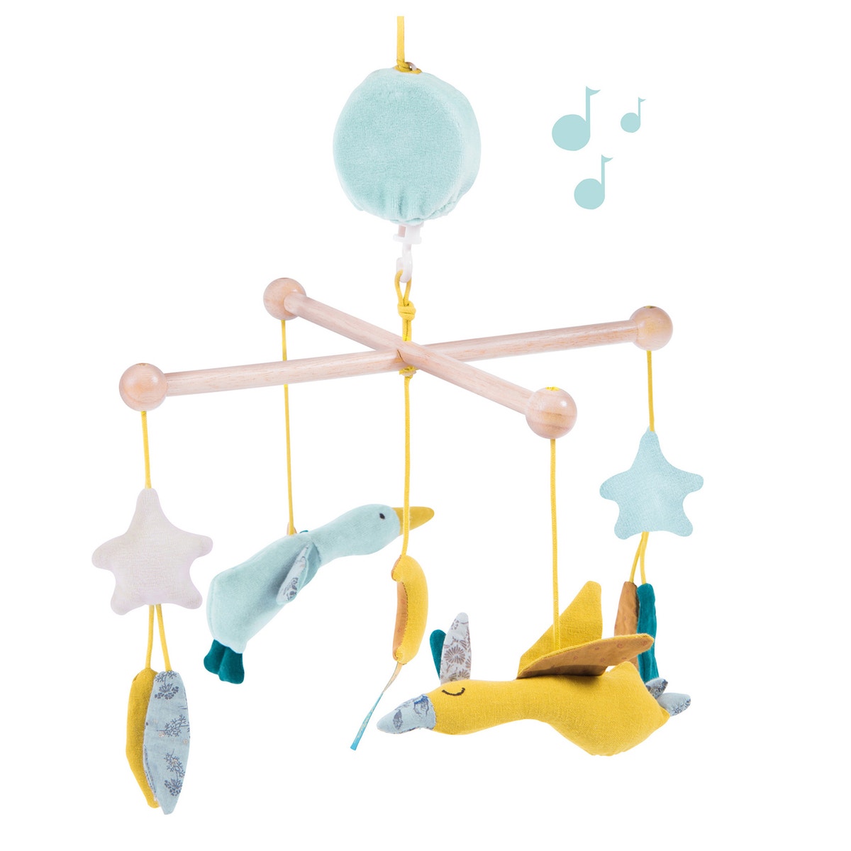 Mobile musical pour bébé en coton blanc, bleu et jaune moutarde