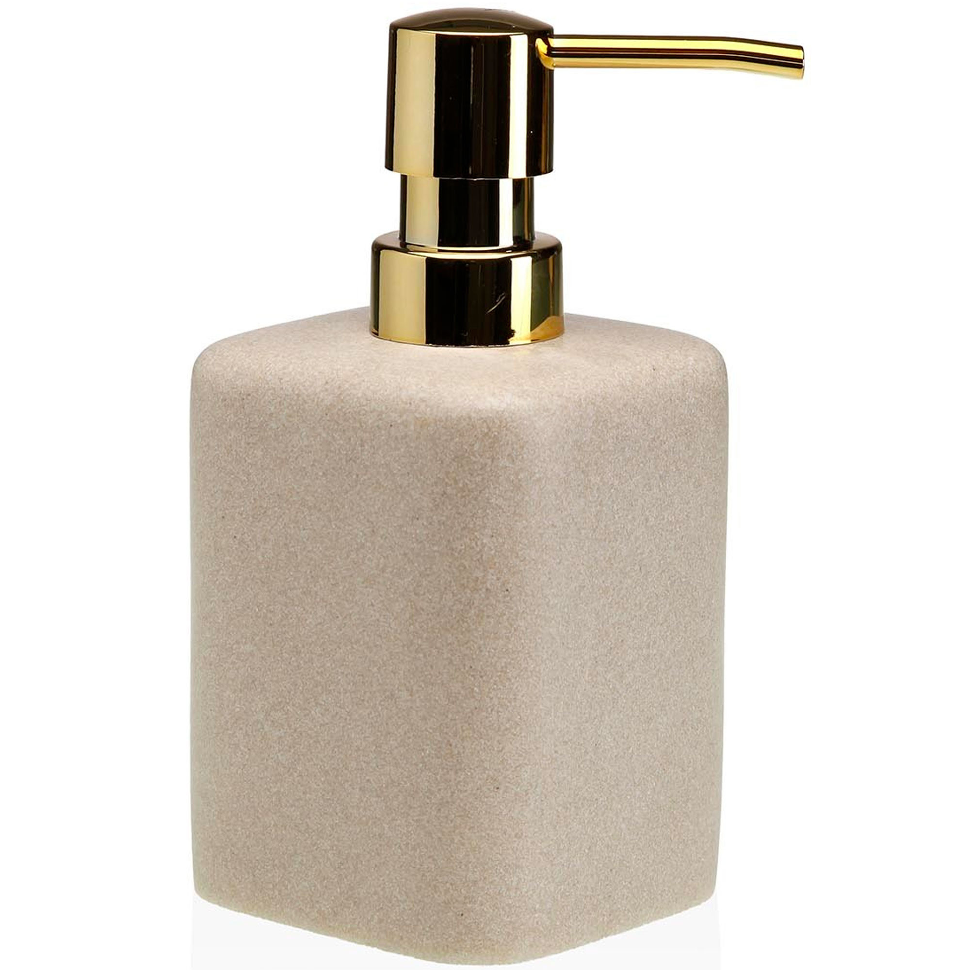 Distributeur de savon en résine beige et doré 7.5x7.5x16cm, VERSA