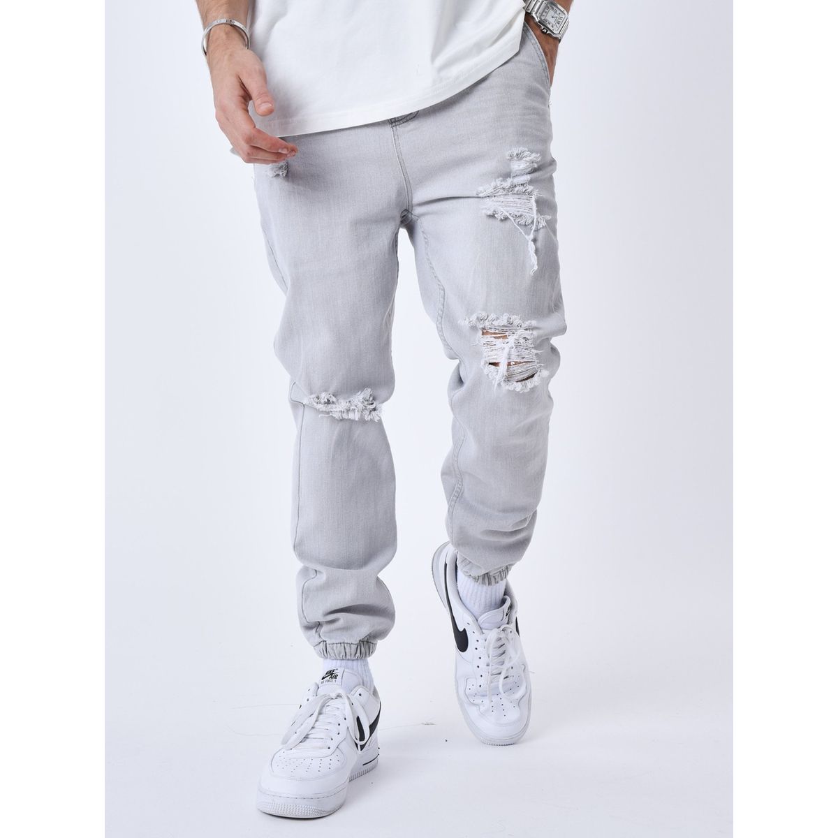 Jeans gris déchiré online homme