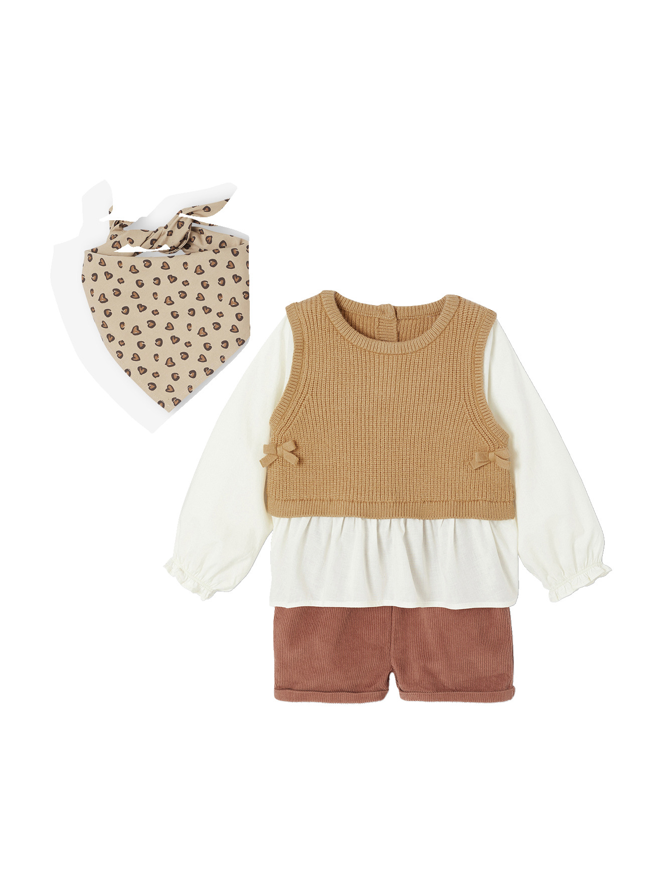Ensemble 3 pièces bébé pull 2 en 1 + short + foulard, VERTBAUDET