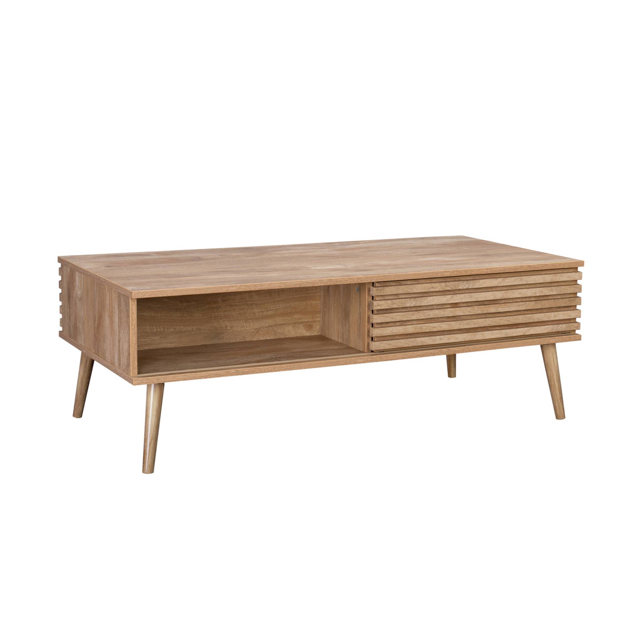 Table basse scandinave rectangulaire décor bois rainuré 1 porte coulissante MADERE, SWEEEK