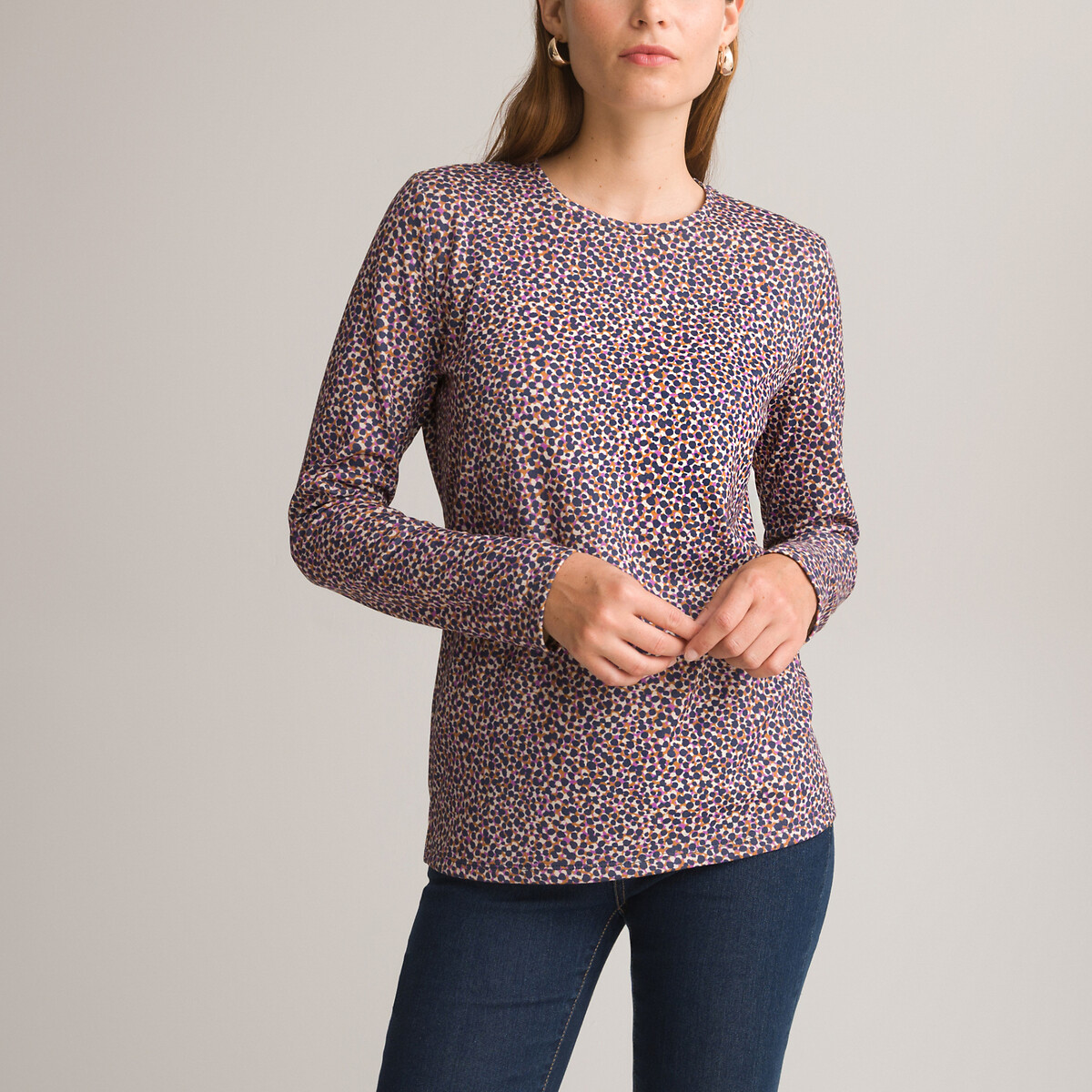Printed Crew Neck T-Shirt with Long Sleeves