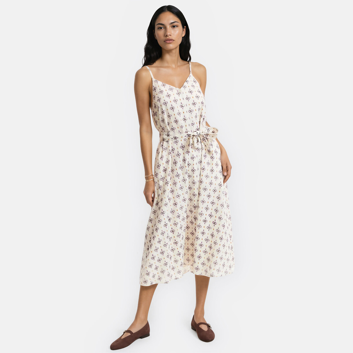Printed Shoestring Strap V-Neck Midi Dress, LA REDOUTE COLLECTIONS