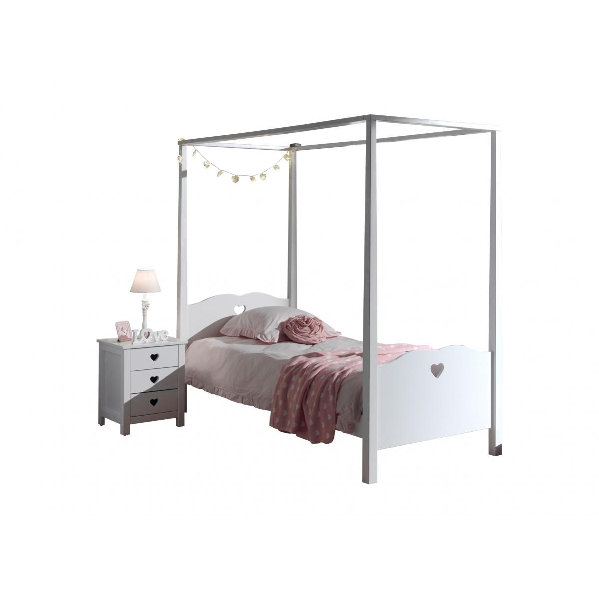Lit Simple à Baldaquin AMORI 90x200 cm Laqué Blanc avec Chevet, VIPACK