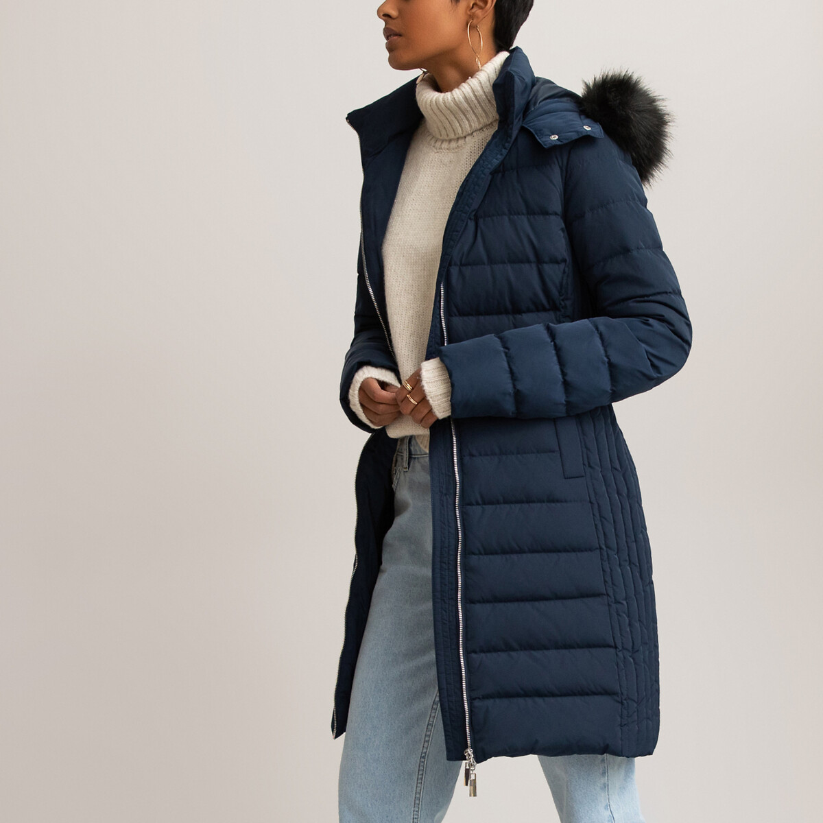 Long Showerproof Padded Jacket With, Navy Blue Coat With Fur Hood And Belt