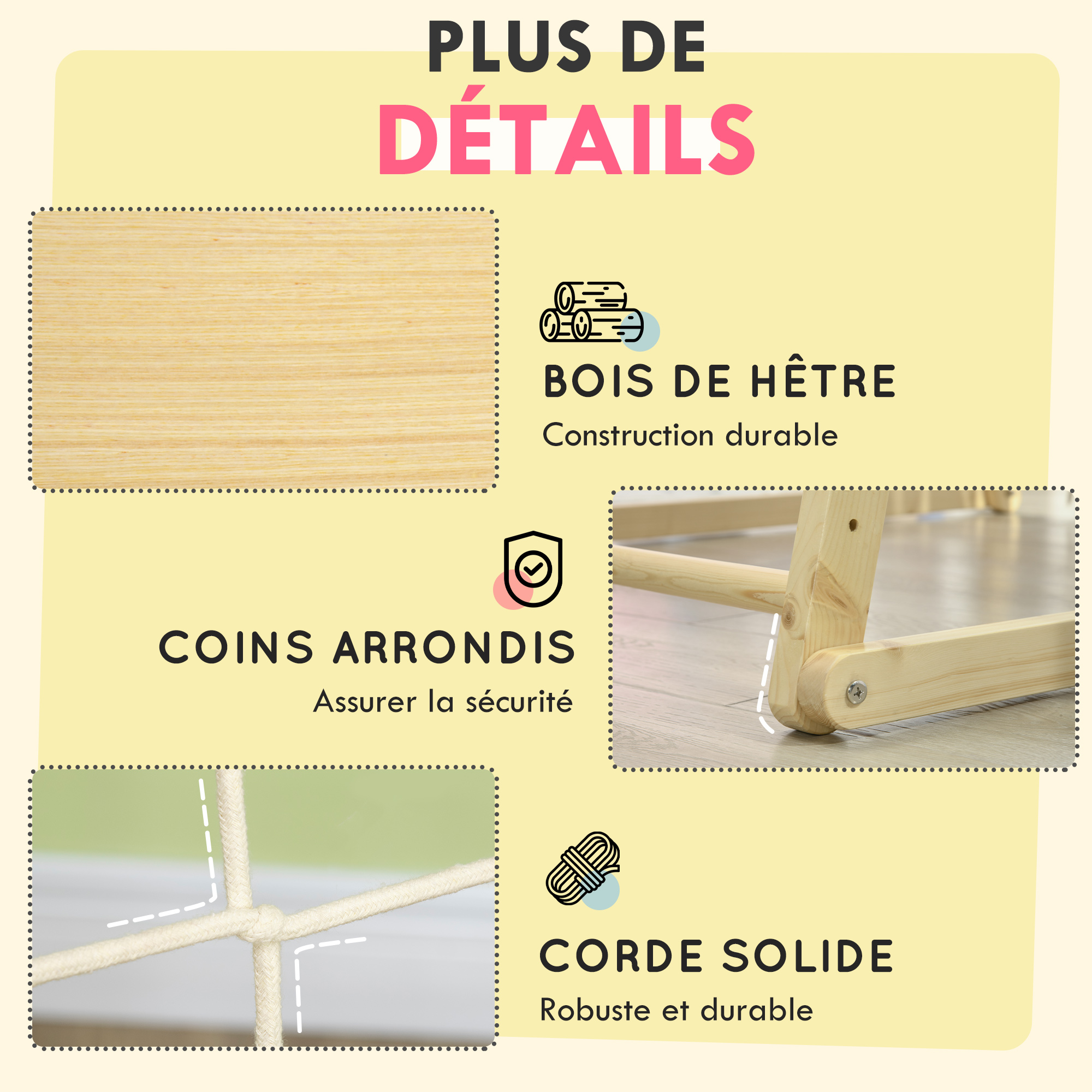 Aire De Jeux 5 En 1 HOMCOM Pour Enfants – Mur D'Escalade, Filet, Échelles & Balançoire, Bois De Hêtre Naturel 120x105x120 Cm