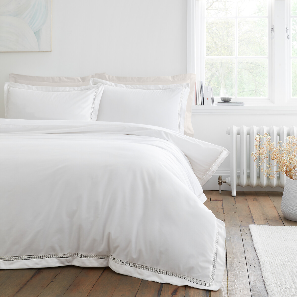 Oxford Lace Trim 200 Thread Count Cotton Duvet Cover and Pillowcase Set, BIANCA FINE LINENS