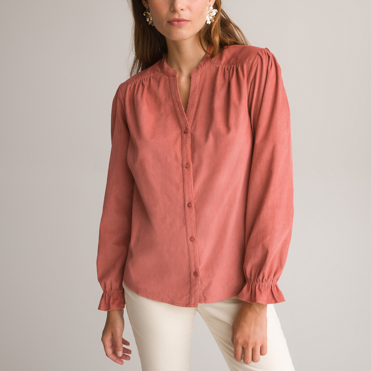 Corduroy Mandarin Collar Shirt with Long Sleeves