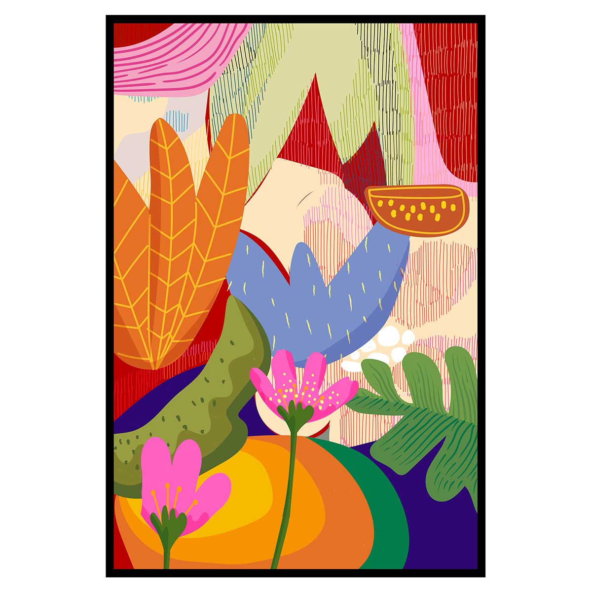 Affiche encadrée fleurs fond bleu nuit, HEXOA