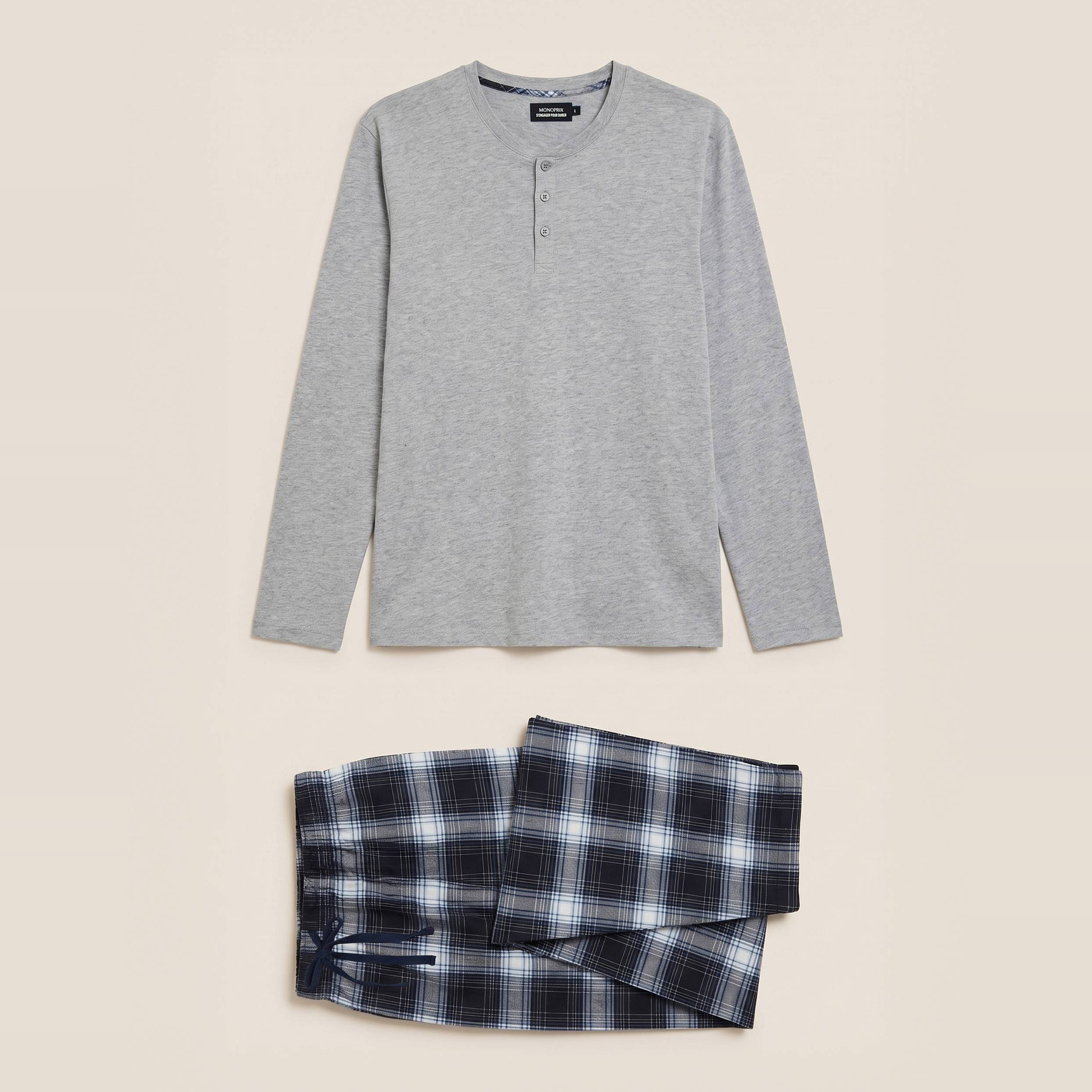 Pyjama manches longues en jersey et pantalon en flanelle en coton, MONOPRIX