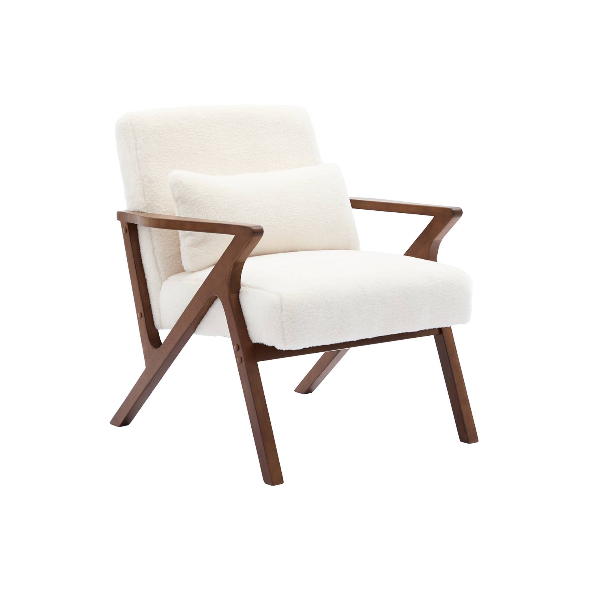 Fauteuil scandinave bois d'hévéa teinté noyer et tissu effet imitation fourrure ANTOINE, SWEEEK