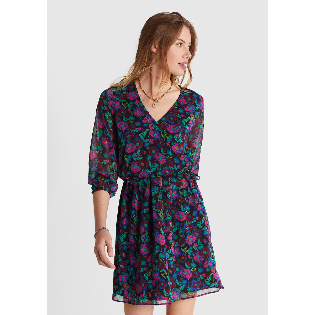 Floral Print Full Dress with V-Neck and Long Sleeves