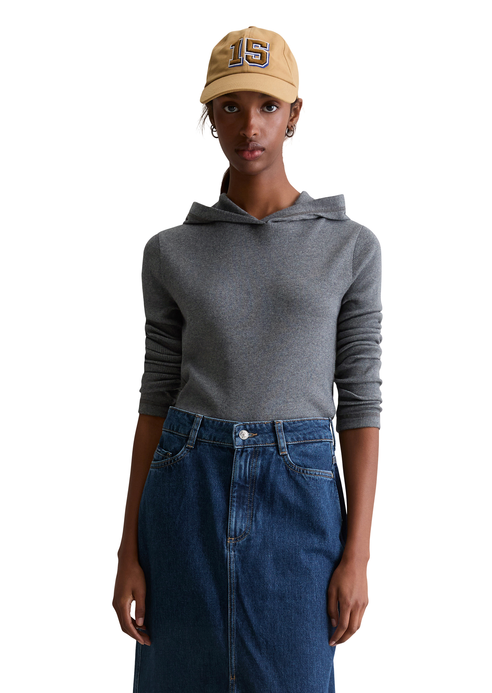 T-shirt long à capuche slim en jersey côtelé doux, MARC O’POLO DENIM