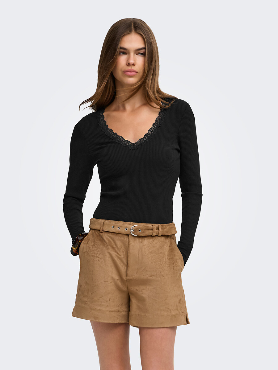 T-shirt manches longues côtelé, col V en dentelle, ONLY