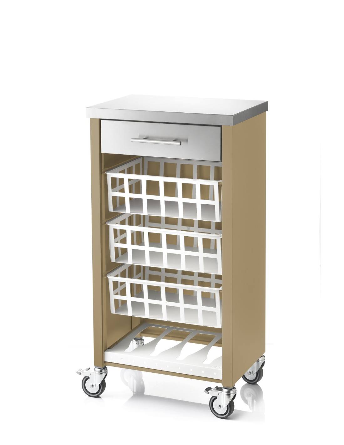 Desserte de cuisine à roulettes MOHER avec plan de travail en inox, tiroir et 3 paniers, DON HIERRO