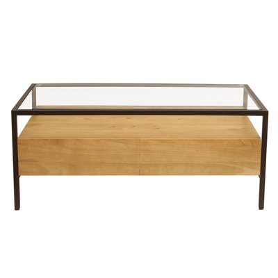 Table basse rectangulaire avec rangements en bois manguier massif, verre et métal  L100 cm SITA MILIBOO