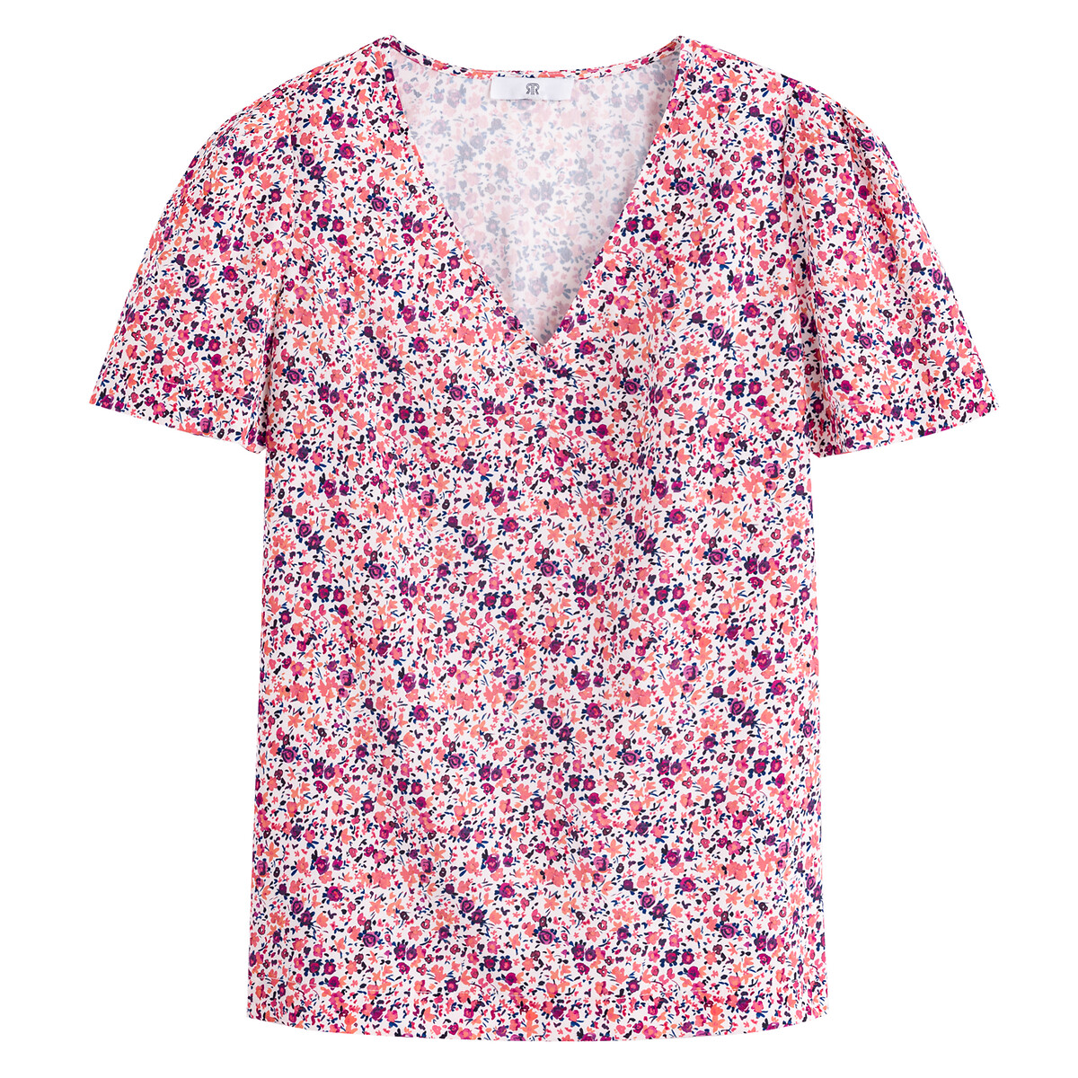 Blusa lisa com decote em V, estampado floral, mangas curtas
