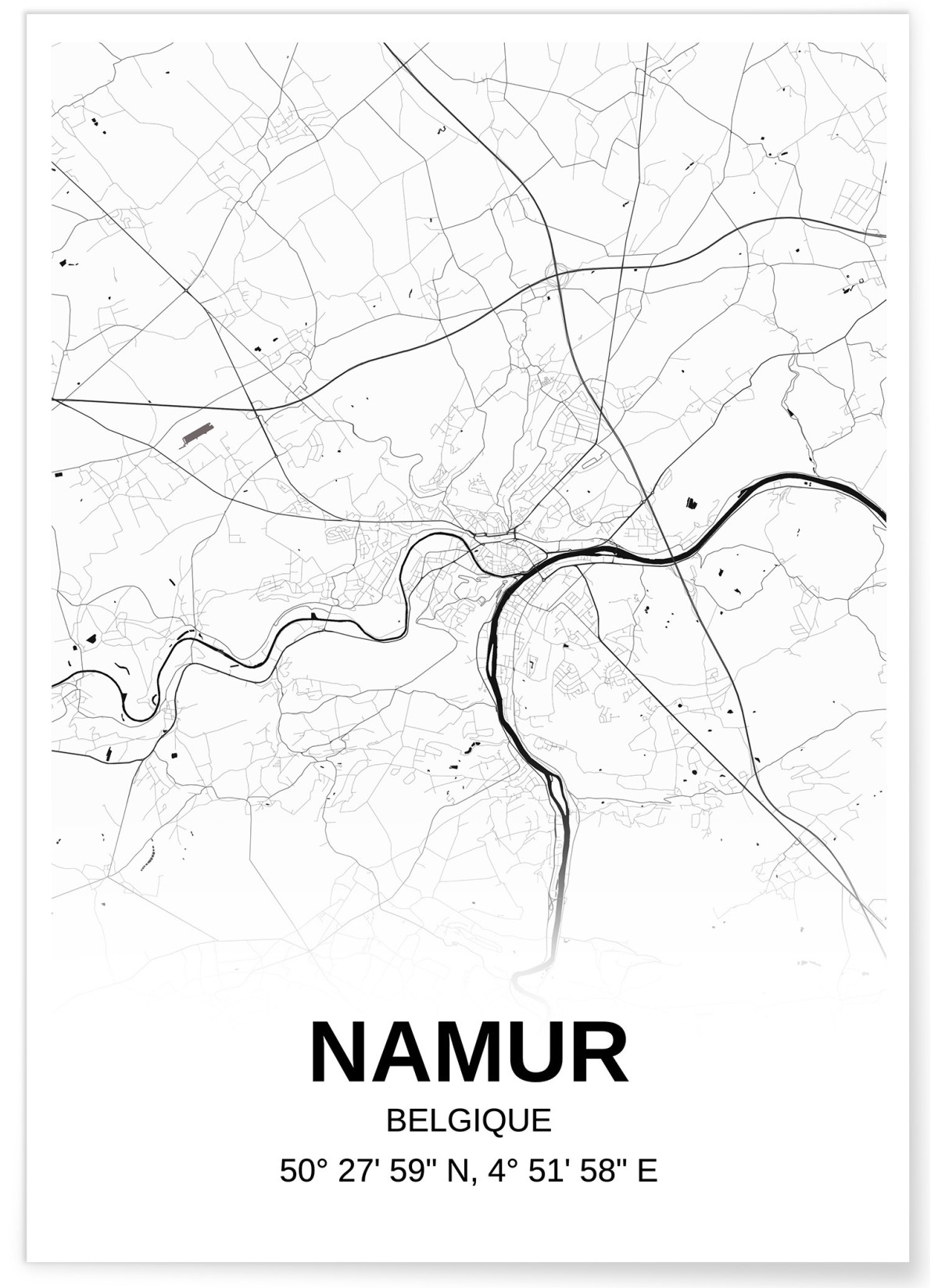 Affiche carte Namur - rectangle Noir et Blanc, L'AFFICHERIE