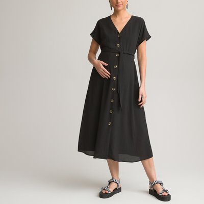 Midaxi Maternity Dress with V-Neck and Short Sleeves LA REDOUTE COLLECTIONS