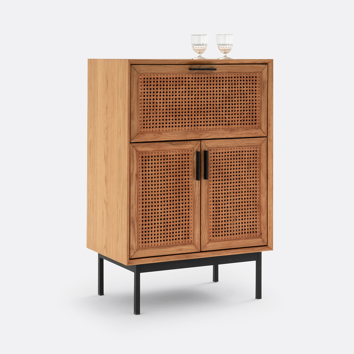 Meuble bar chêne et cannage, Waska