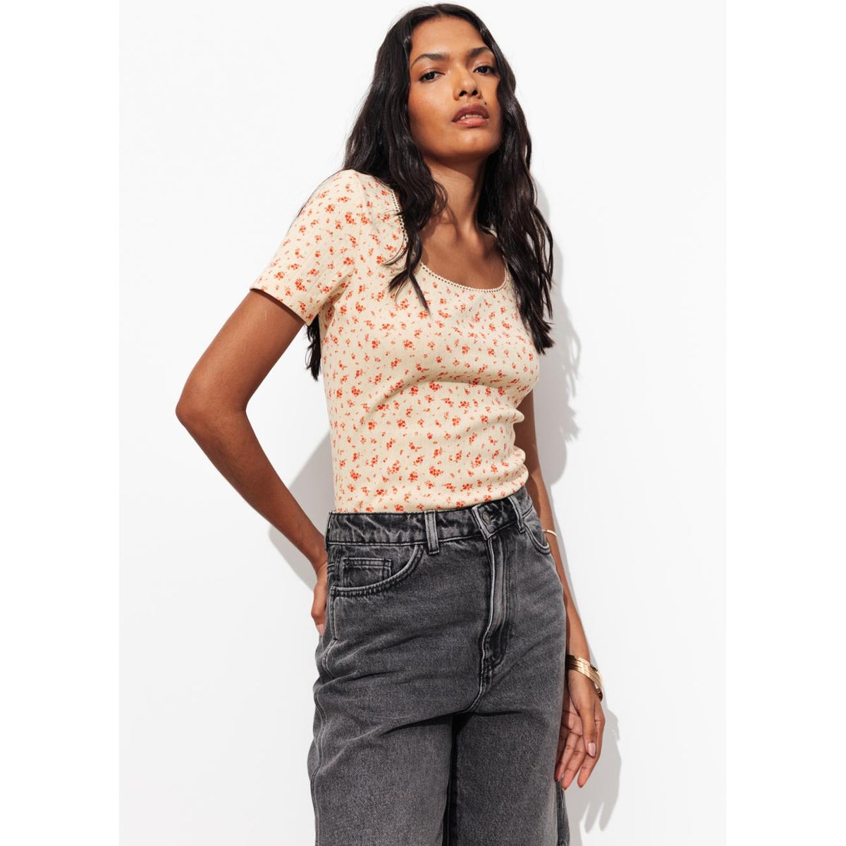 T-shirt pointelle fleurette, PROMOD