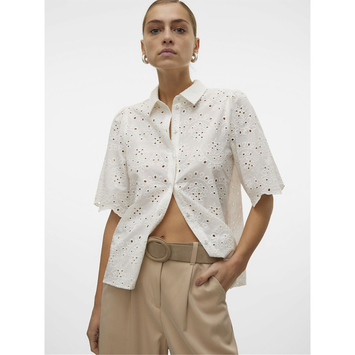 Image of Broderies Anglaise Cotton Blouse with Wide Sleeves
