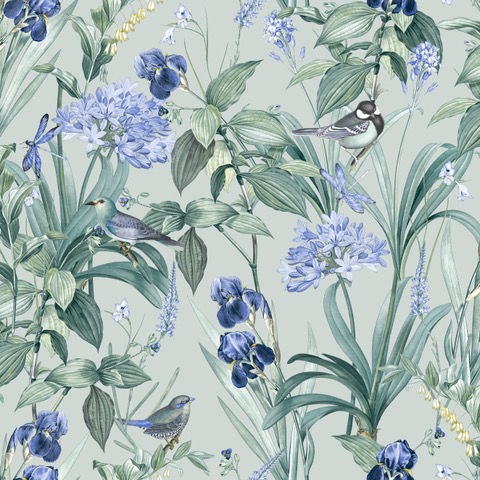 Papier peint jardin fleuri oiseaux vert sauge, HEXOA