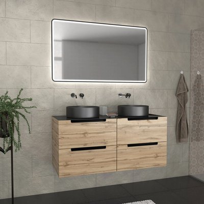 Meuble de salle de bains avec 2 vasques rondes et 1 miroir rectangulaire à led noir HOME MAISON