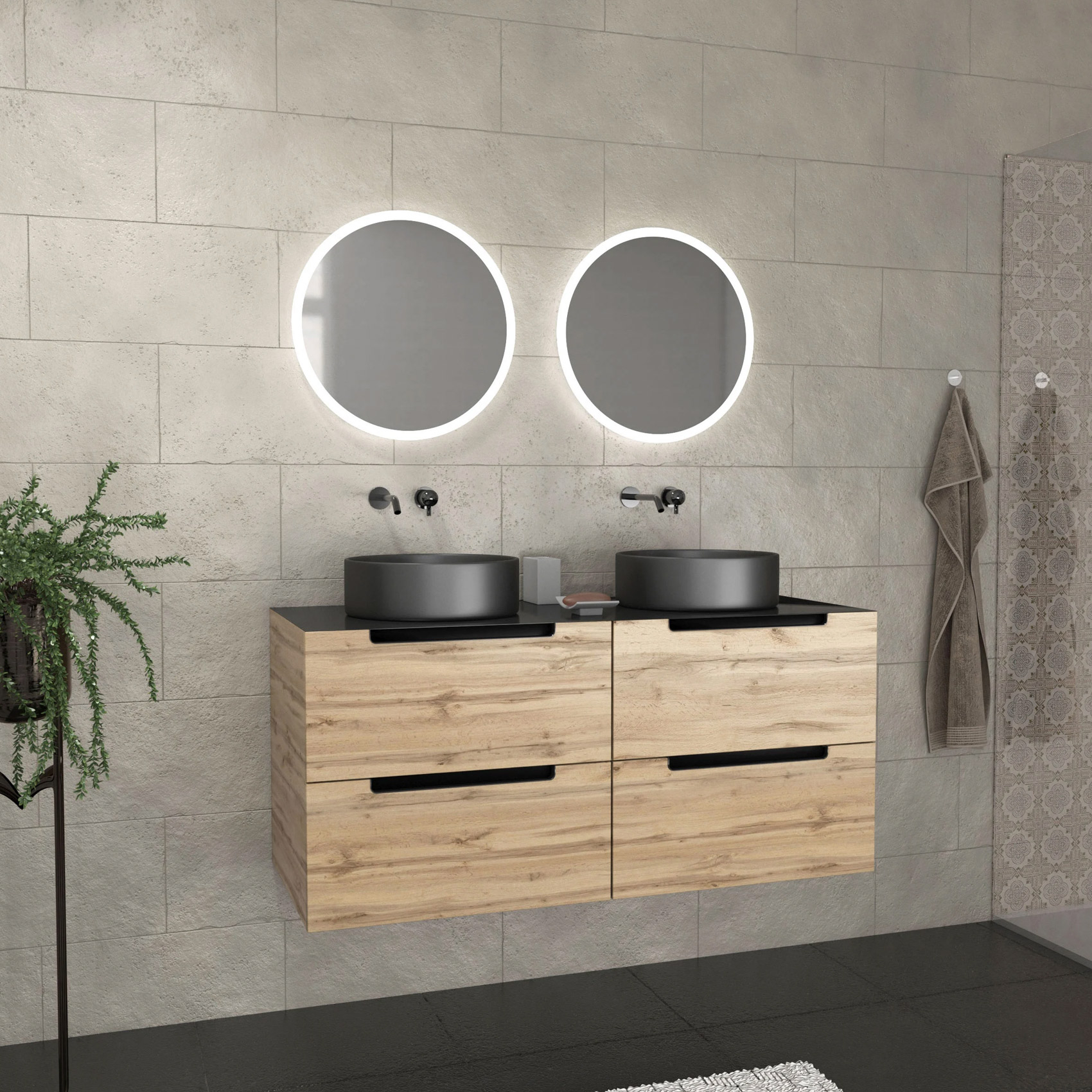 Meuble de salle de bains avec 2 vasques rondes et 2 miroirs ronds à led, HOME MAISON