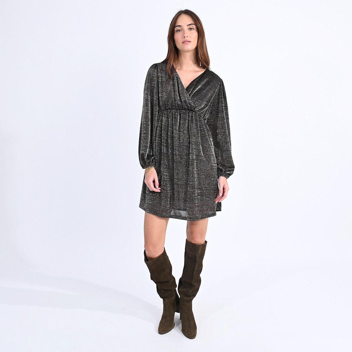 Crossover Neck Dress with Long Sleeves