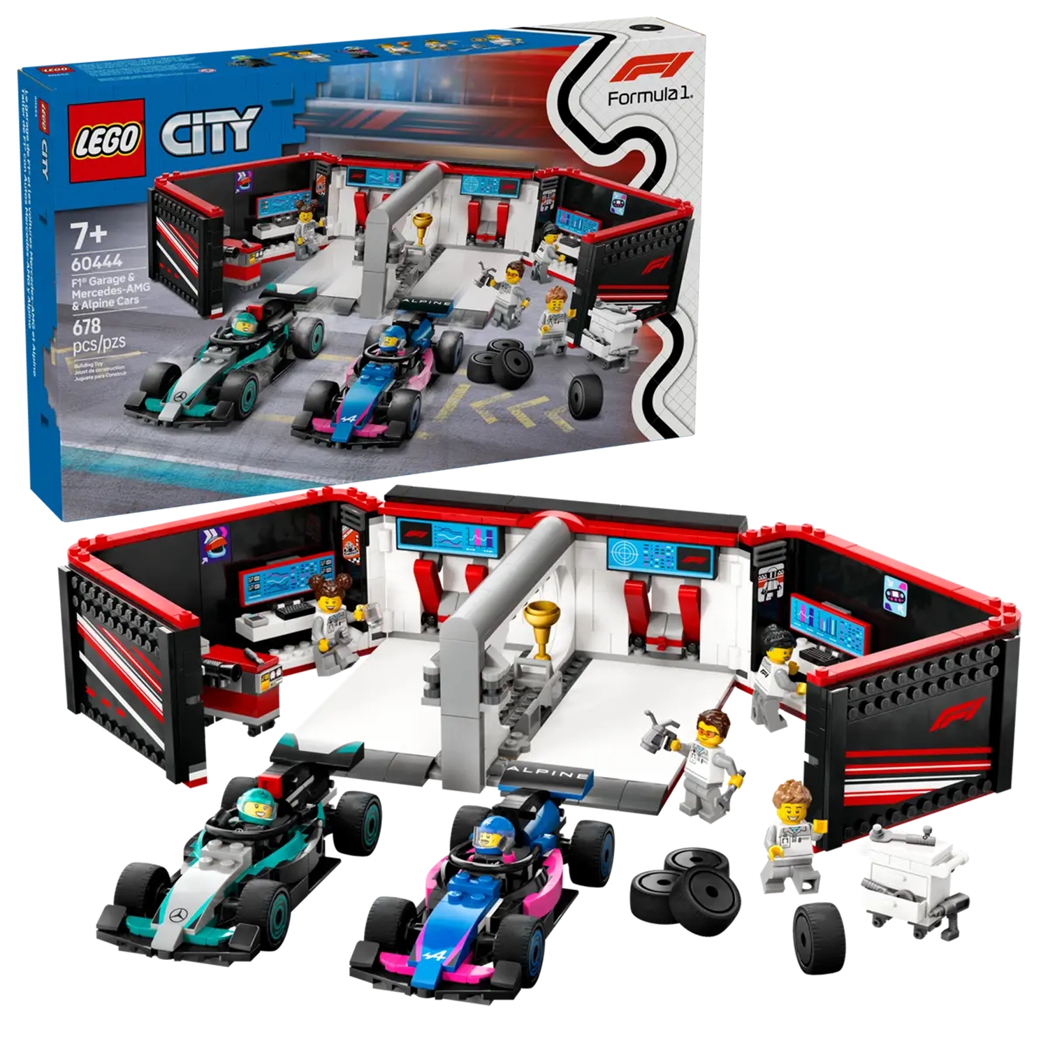 Garage de F1® et voitures Mercedes-AMG et Alpine, LEGO