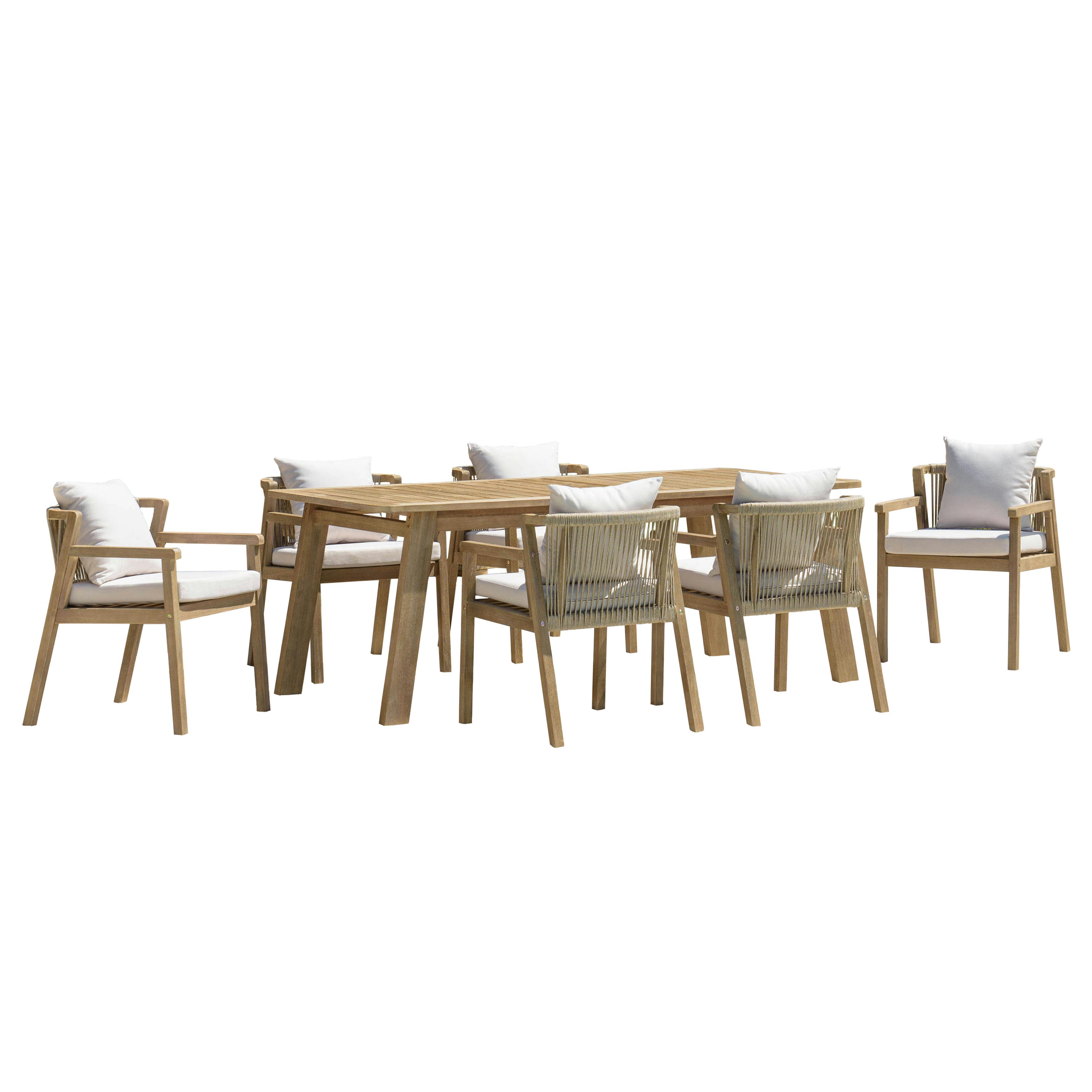 Salon de jardin table acacia et 6 fauteuils cordage beige avec coussins BAHIA, PIER IMPORT