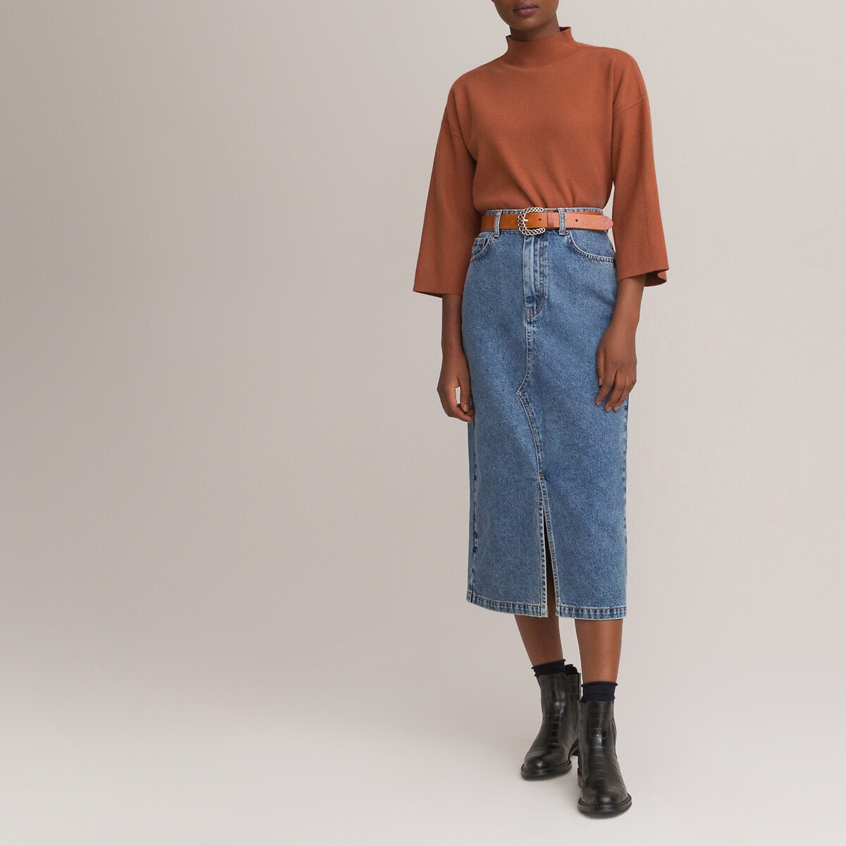 Jupe droite en jean mi-longue La Redoute Collections | La Redoute