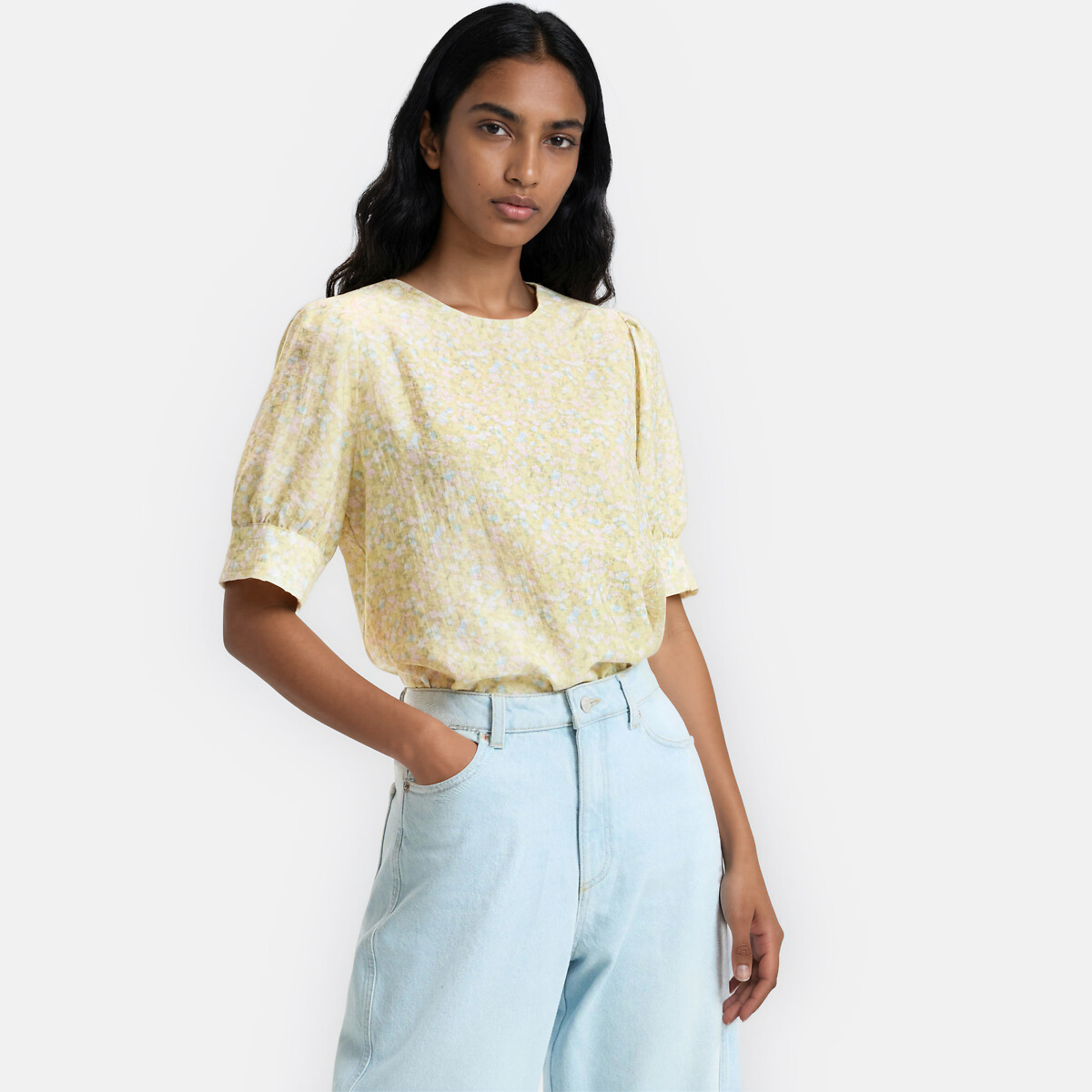 Floral Crew Neck Blouse with 3/4 Length Sleeves, LA REDOUTE COLLECTIONS