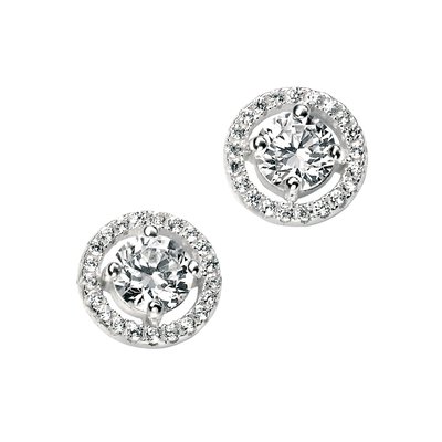 Sterling Silver Pave Disc Stud Earrings With Clear Round Cubic Zirconia BEGINNINGS