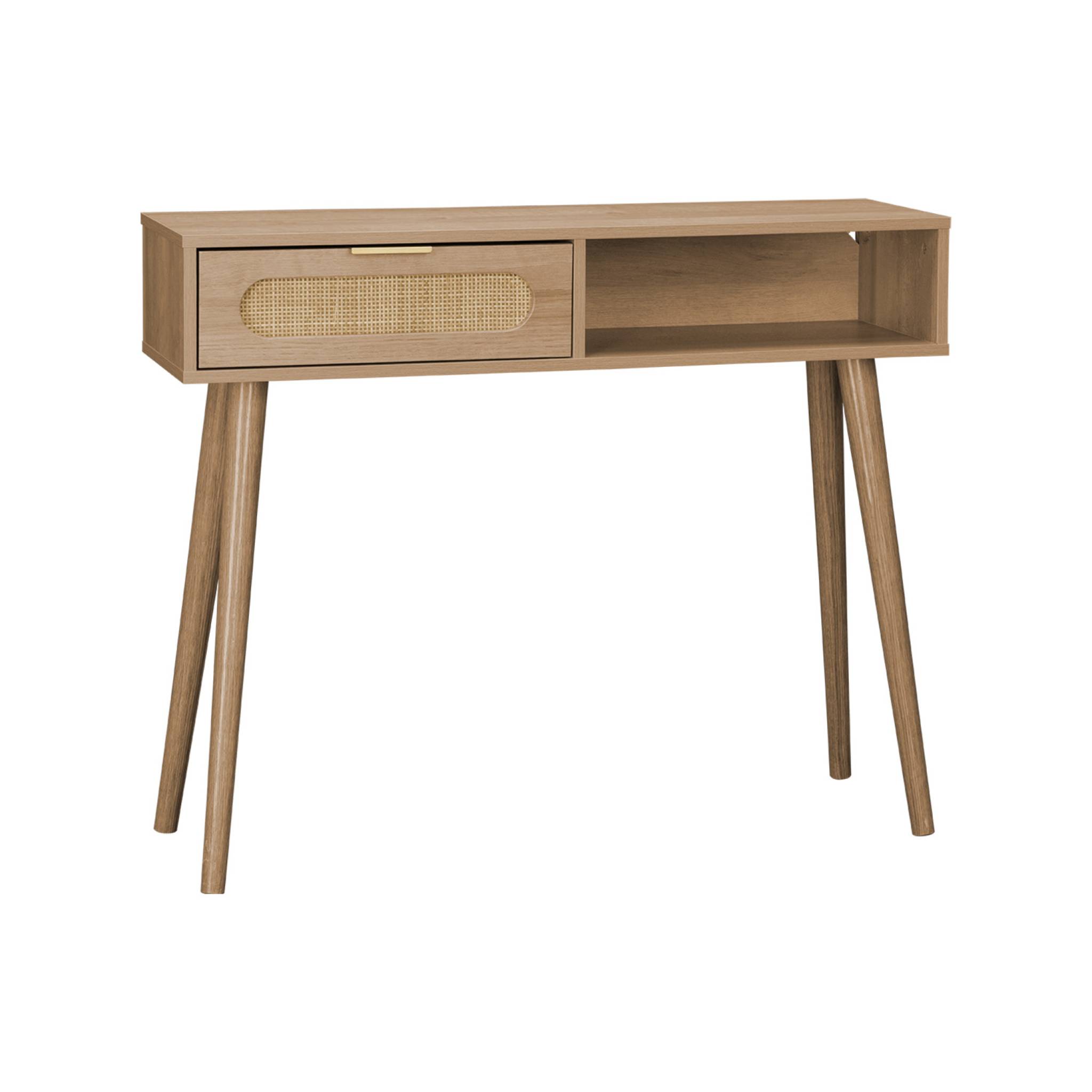 Console scandinave décor bois et cannage arrondi 1 tiroir EVA, SWEEEK