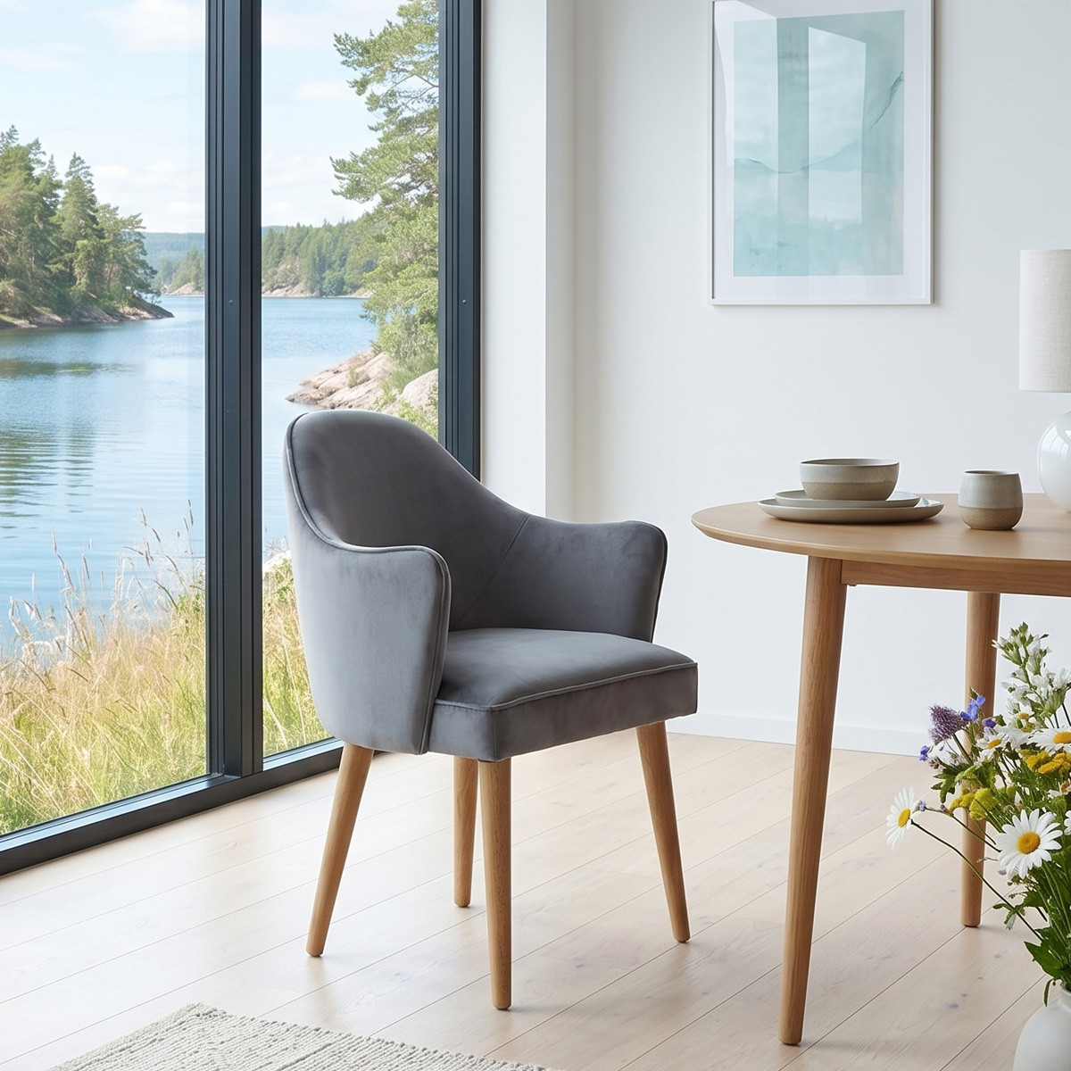 Fauteuil de table style nordique en hévéa et velours SAINT GERMAIN, ROBIN DES BOIS