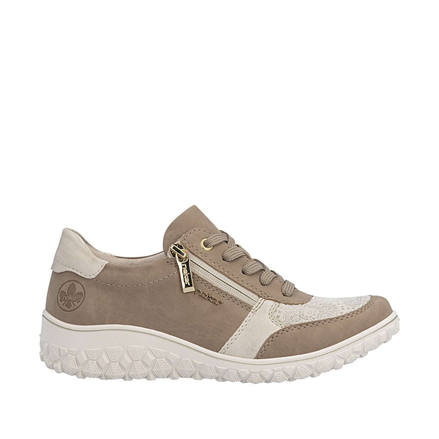 Baskets running taupe à talon plat avec des lacets et un zip latéral, RIEKER